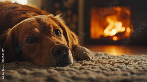 Warm light from a fireplace in the backdrop and a picture of a dog curled up on a rug evokes a sense of home comfort. 