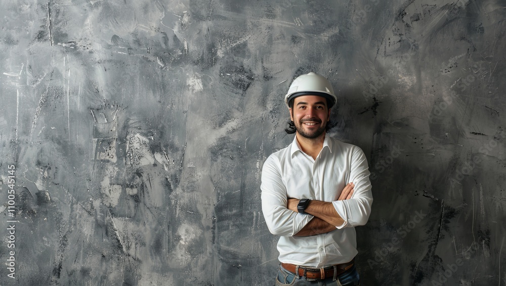 Male engineer wearing a white helmet and uniform, standing with arms crossed and smiling at the camera against a gray wall background. Copy space. Portrait of a happy architect in a hard hat Male engineer wearing a white helmet and uniform, standing with arms crossed and smiling at the camera against a gray wall background. Copy space. Portrait of a happy architect in a hard hat