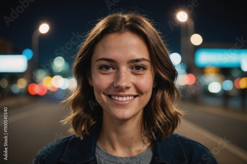 Close portrait of a smiling young Australian woman looking at the camera, Australian city outdoors at night blurred background photo