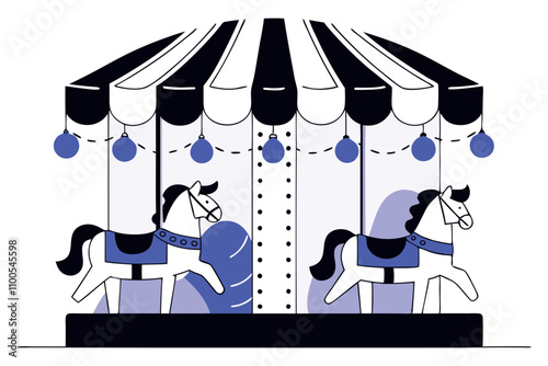 Carousel with horses in amusement park vector flat illustration