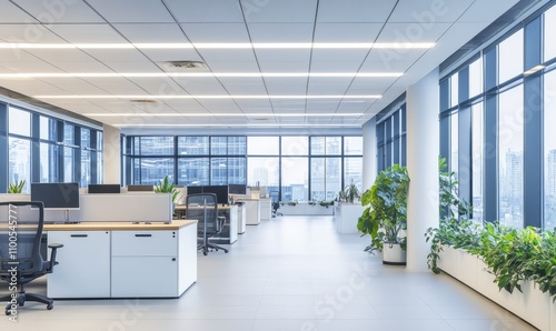 White square LED down lights are installed in an office interior showcasing the modern design and lighting, featuring suspended white square tiles on high ceilings