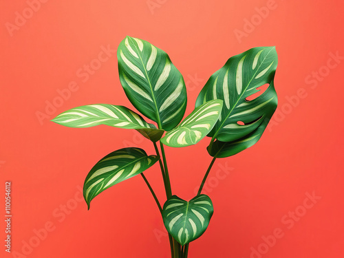 Monstera epipremnum with variegated green and white patterns on coral background , patterns, background photo