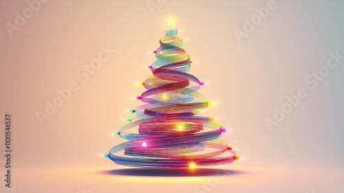 A modern take on the traditional Christmas tree, featuring a colorful, swirling design topped with a golden star. Greeting card.