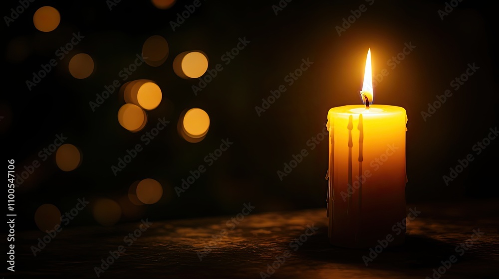 A Single Lit Candle with a Blurred Background of Golden Lights A Single Lit Candle with a Blurred Background of Golden Lights
