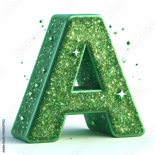 green 3d letter A in glitter texture isolated on black background