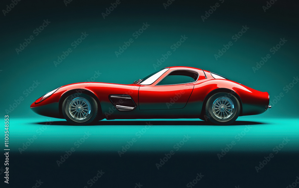 Fototapeta premium A shiny red sports car parked in front of a teal backdrop, the smooth curves of the car illuminated to highlight its sleek shape.