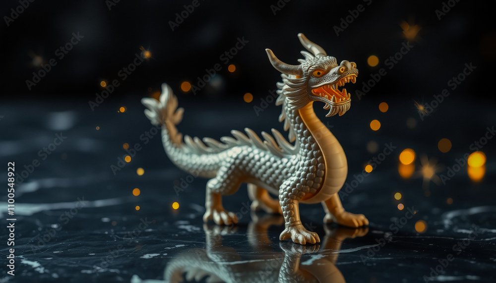 Fototapeta premium Dragon Figurine Amidst Festive Lights