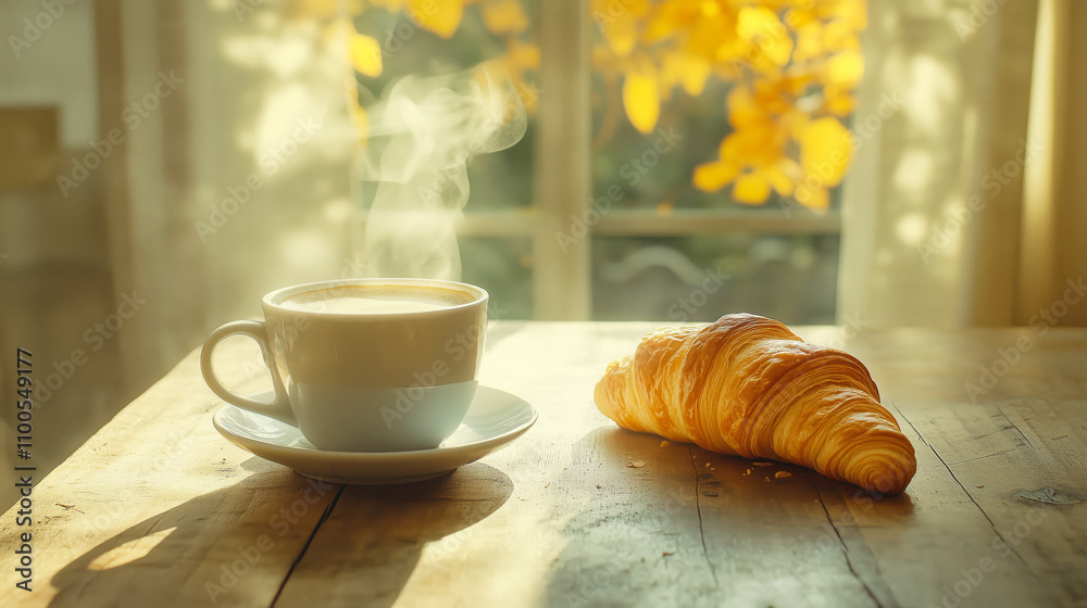 Steaming cup of coffee and croissant enjoying autumn sunlight on wooden table Steaming cup of coffee and croissant enjoying autumn sunlight on wooden table