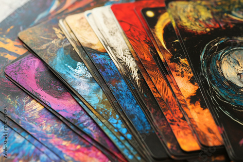 Artistic illustration, a set of metaphorical cards with symbolic and abstract designs, vibrant and contrasting colors representing emotions and psychological states, intricate patterns and surreal ima