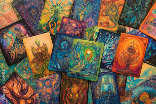 Artistic illustration, a set of metaphorical cards with symbolic and abstract designs, vibrant and contrasting colors representing emotions and psychological states, intricate patterns and surreal ima