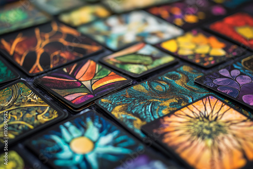 Artistic illustration, a set of metaphorical cards with symbolic and abstract designs, vibrant and contrasting colors representing emotions and psychological states, intricate patterns and surreal ima