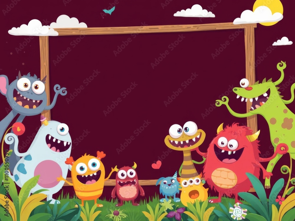 Fototapeta premium Colorful cartoon monsters in varying shapes and sizes surround a white blank space in the center, creating a playful frame, fun, cartoon