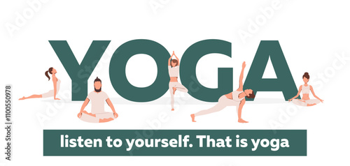 Yoga word and people in asanas. Flexible girls and men exercising. Vector illustration isolated on white background