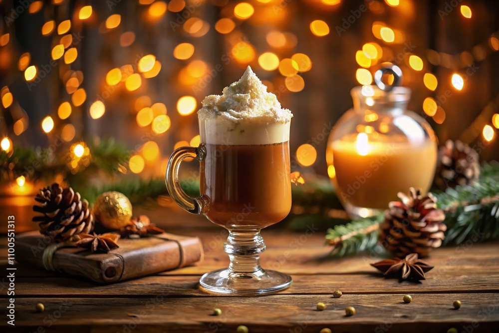Obraz premium A Cozy Evening: A Frothy Drink with Whipped Cream Surrounded by Twinkling Lights and a Decorative Bottle for a Perfect Low Light Photography Scene