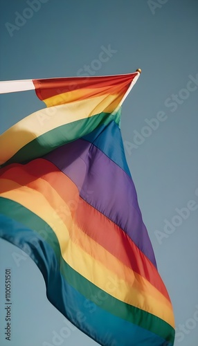 a close-up of a rainbow pride flag waving in the wind, displaying vibrant colors of red, orange, yellow, green, blue, and purple, with sunlight casting a warm glow on the fabric create with ai