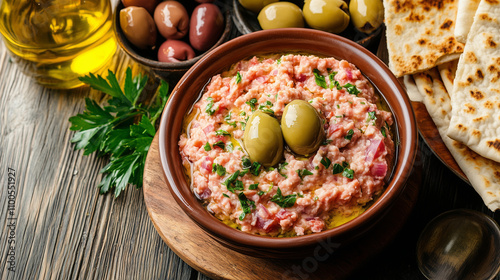 Greek taramasalata with a creamy texture, garnished with olive oil and fresh herbs photo