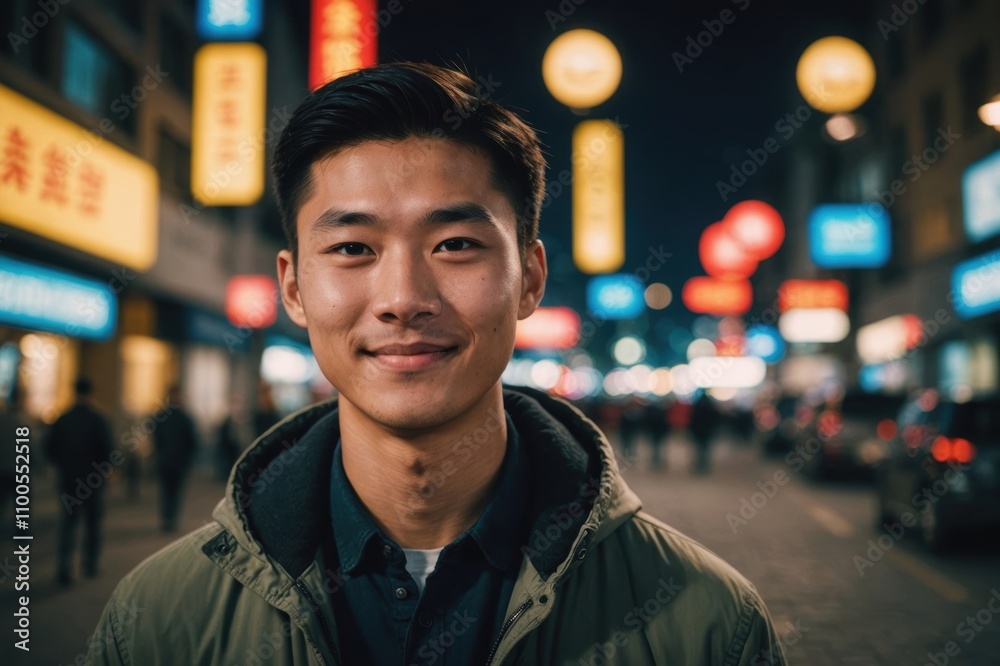 Fototapeta premium Close portrait of a smiling young Chinese man looking at the camera, Chinese city outdoors at night blurred background