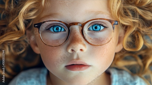 Curious Gaze Portrait of a Child with Freckles and Stylish Glasses in an Extreme Close Up photo