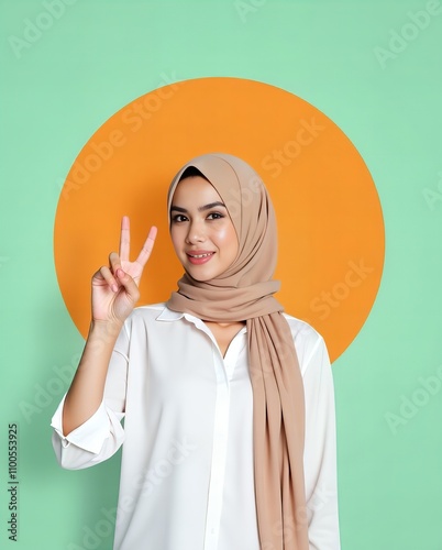  woman in a white shirt and tan scarf making a peace sign.