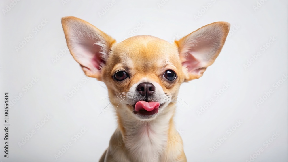 Obraz premium Adorable Chihuahua Puppy with Closed Eyes and Licking Lips, Capturing the Delight of Delicious Food on a White Background for Pet Lovers and Food Enthusiasts