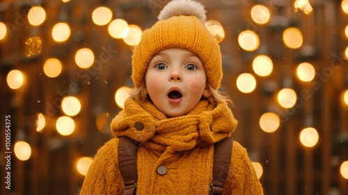 Delighted Child in Winter Attire Surrounded by Warm Holiday Lights photo