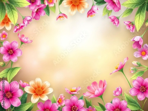 Frame of various colorful flowers surrounding empty pink space, frame, illustration
