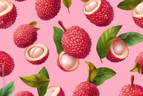 Repeating lychee design featuring whole halved peeled fruits and seeds Tropical vector elements with green leaves on a pink backdrop
