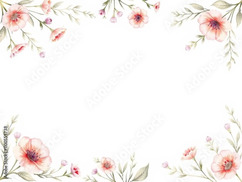 Graceful botanical illustration of delicate flowers and leaves in soft pastel colors surrounding a white space, flowers, soft colors