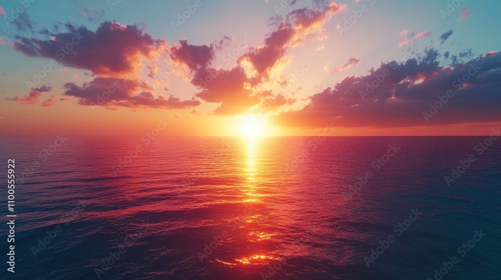 Obraz premium Vibrant Sunset Over Calm Ocean Waters Reflecting Golden Hues