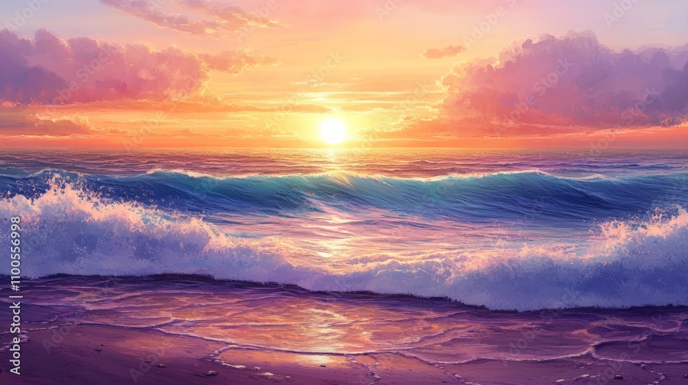 Fototapeta premium Serene Sunset Over Tranquil Waters, vibrant hues reflecting on the surface, soft waves caressing the sandy beach, creating a harmonious atmosphere of relaxation and beauty