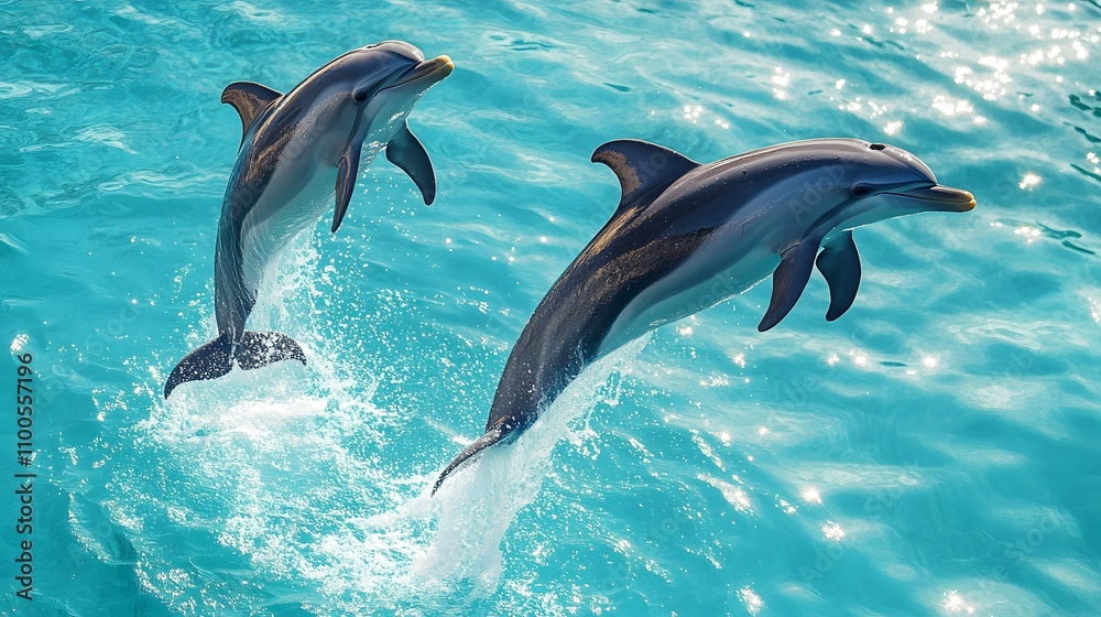 Fototapeta premium A pair of dolphins jumping in clear turquoise water