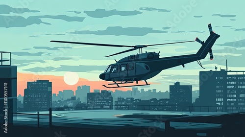 Helicopter Landing on a City Rooftop at Sunset photo