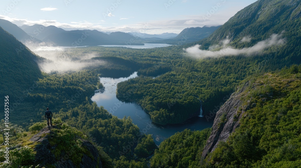 Obraz premium A person in a yellow jacket stands on a rock, overlooking a beautiful waterfall set amidst tall coniferous trees in a misty valley. The atmosphere is serene and enchanting