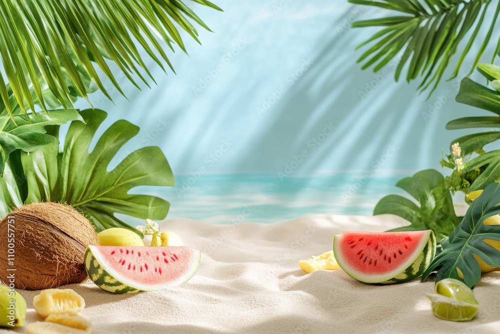 Obraz premium Summer beach scene featuring sand sunlight tropical fruits like watermelon and plants like coconut and monstera leaves with design space available