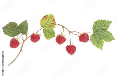 Three raspberries and their leaves on a white background photo