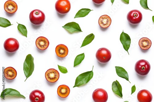 Top view of fresh tamarillo and leaves on a white background photo