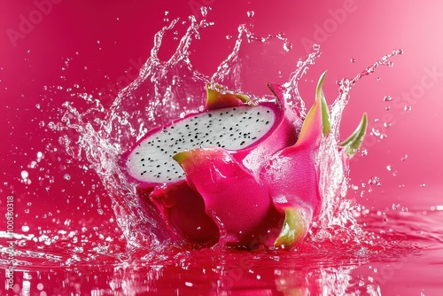 Water splashing on half of a ripe dragon fruit against a red backdrop