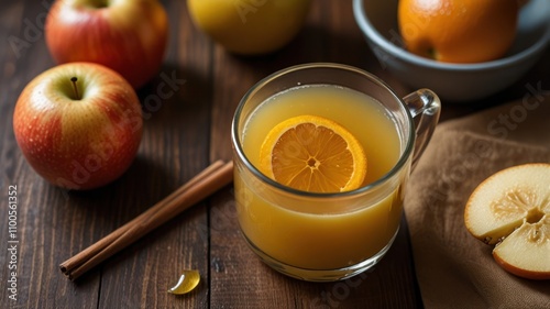 Wallpaper Mural Warm apple cider drink in glass mug with orange slice, cinnamon sticks, and apples. Torontodigital.ca