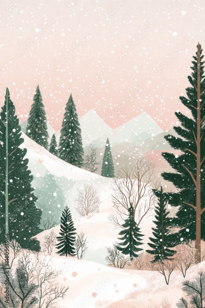 Obraz premium A magical detailed and fabulous winter landscape with soft colors and green fir trees.