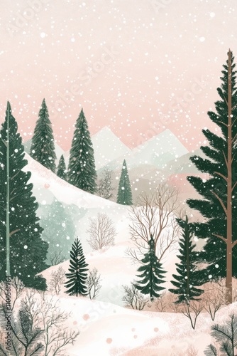 A magical detailed and fabulous winter landscape with soft colors and green fir trees.