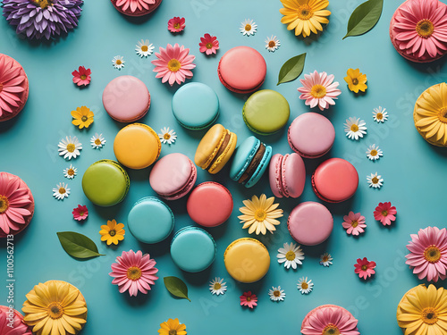 Various colorful sweet macarons with flowers on blue background, professional advertising food photography photo