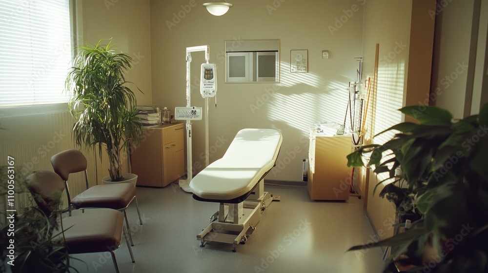Fototapeta premium Wide-angle view of a physiotherapy clinic showcasing a treatment bed, ultrasound machine, magnetic therapy equipment, and greenery, creating a serene and professional healthcare environment.