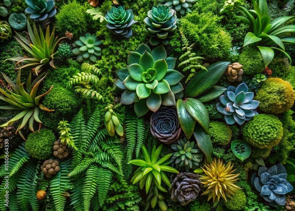 Fototapeta premium Aerial View of a Lush Vertical Garden Featuring Various Green Succulents and Ferns for a Dense and Textured Green Wall in Minimalist Photography Style
