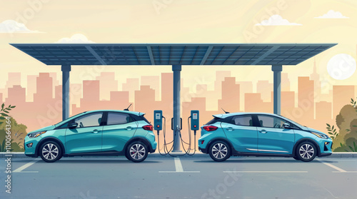 Two electric cars are charging at a solar-powered station, while protected by a canopy with the city skyline in the background