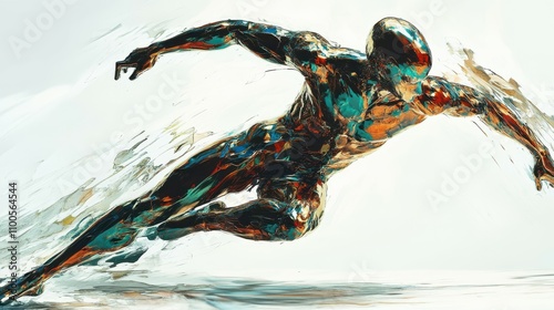 An abstract glossy human figure in a dynamic pose in metallic colors, an expressionistic style photo