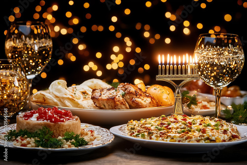 A table with Hanukkah dishes, a glowing menorah, and festive decor creates a warm atmosphere photo