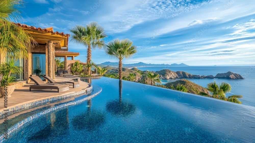 Fototapeta premium Luxurious resort with an infinity pool, surrounded by palm trees, offering breathtaking views of the ocean, perfect for relaxation and tropical getaways.