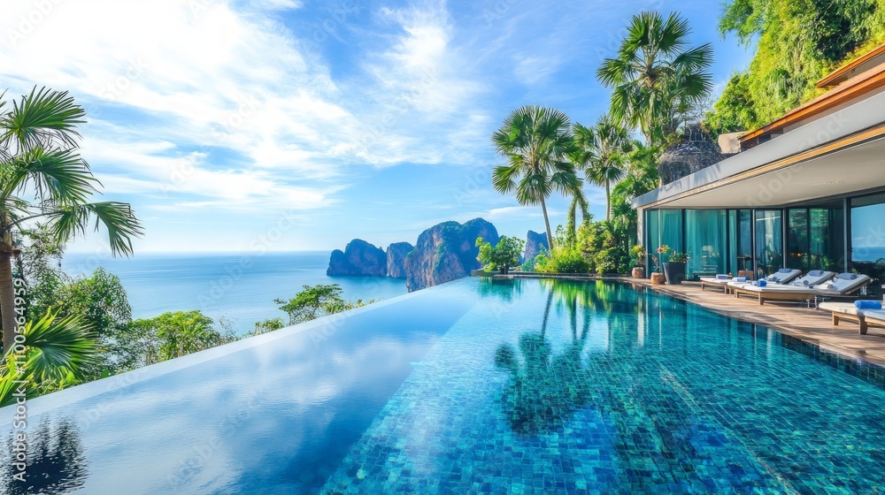 Fototapeta premium Luxurious resort with an exquisite infinity pool, surrounded by palm trees and offering breathtaking ocean views, perfect for relaxation and indulgence.