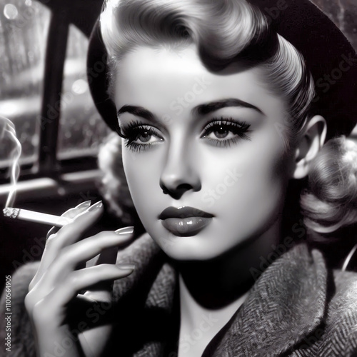 portrait of a woman smoking a cigarette wearing vintage  retro clothes in a car vehicle automobile  
in mono black and white