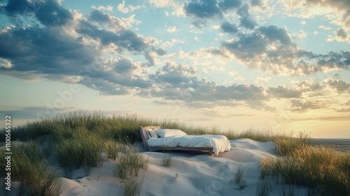 An isolated bed stands on a grass dune hill with a beautiful sky, a surreal landscape with a minimal background, a creative scene on a desert sand dune with furniture